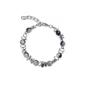Adjustable hip-hop beaded bracelet with silver metal pieces and dark grey stone beads