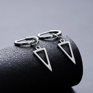 Polished silver stainless steel hoop earrings with triangle charms for men and women