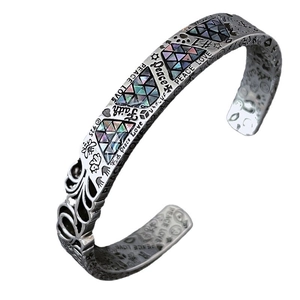 Bracelet jonc rétro en argent S925 avec gravures et incrustations de nacre