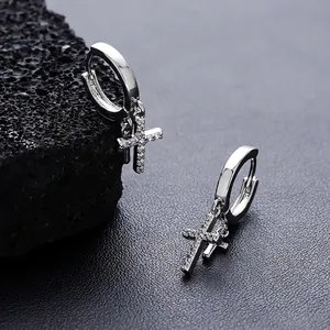 Unisex Copper Cross Hoop Earrings With Rhinestone Double Cross Dangle Minimalist Silver Tone Hip Hop Jewelry For Men Women