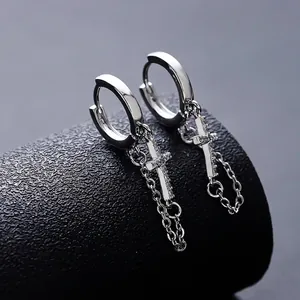Silver Plated Rhinestone Cross Pendant Huggie Hoop Earrings With Tassel Chain Hip Hop Style Jewelry Accessory For Men Women