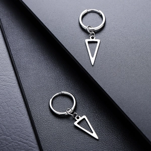 Minimalist silver triangle drop earrings with polished stainless steel hoop design