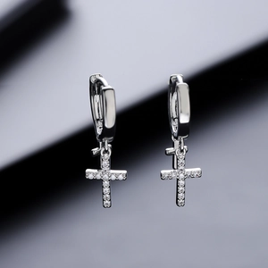Mens silver hoop earrings with double cross pendants featuring sparkling zircons