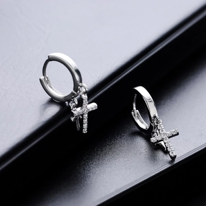 Mens silver double cross hoop earrings with inlaid cubic zirconia hip hop style