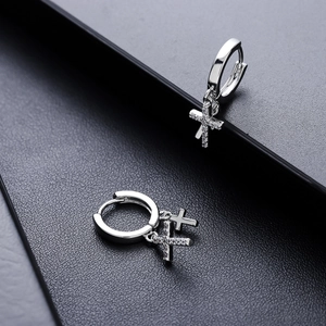 Silver double cross hoop earrings with rhinestones and polished finish for men and women
