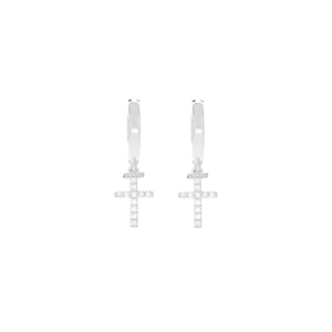 Silver double cross hoop earrings with inlaid stones for a minimalist hip-hop style