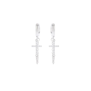 Silver cross earrings for men and women featuring full zircon pavé and thin chain fringe