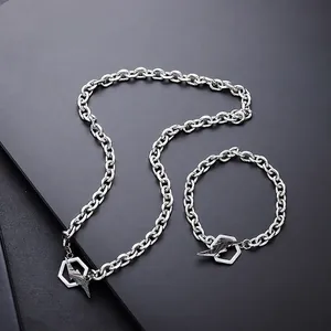 Hip Hop Stainless Steel Lightning Bolt Pendant Necklace And Bracelet Industrial Geometric Jewelry For Unisex Men Women