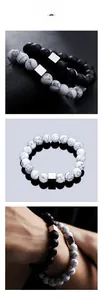 Detail of volcanic stone bracelet featuring silver square beads and marble texture