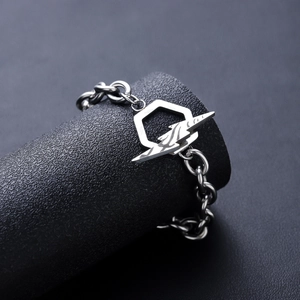 Hip hop style silver stainless steel lightning hexagon pendant bracelet with thick Cuban chain