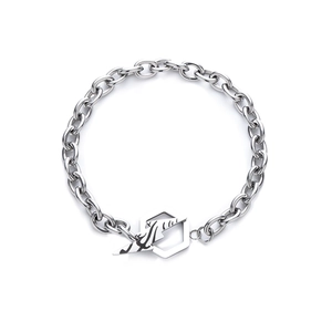 Industrial style silver chain bracelet with unique hexagonal OT buckle and graphic pin charm