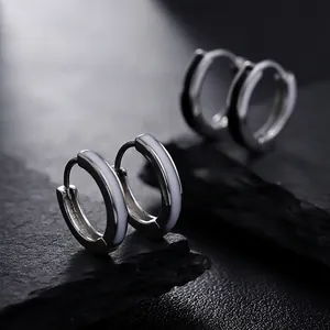 Men Minimalist Copper Hoop Earrings Black White Epoxy Design Hip Hop Style Geometric Circular Earrings Versatile Jewelry Gift