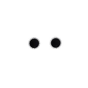 Magnetic black stud earrings with textured silver borders for non-pierced ears