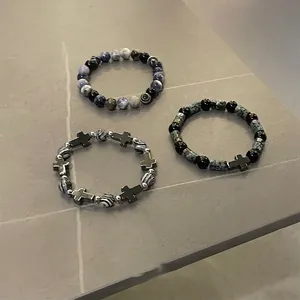 Hip Hop Titanium Steel Cross Beaded Bracelet For Men Women Retro Layered Natural Stone Bamboo Joint Charm Bracelet Jewelry