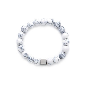 Minimalist white turquoise bead bracelet with a geometric silver matte square bead accent