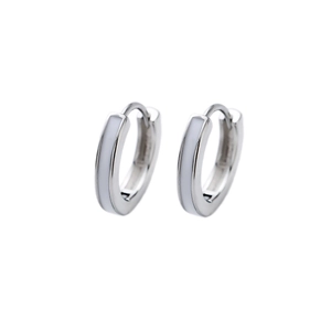 Minimalist silver hoop earrings with white enamel finish and secure hinge clasp closure