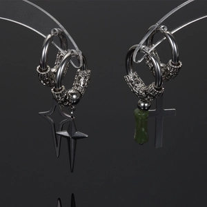 Men's dragon-etched hoop earrings set with star, cross, and green stone pendants