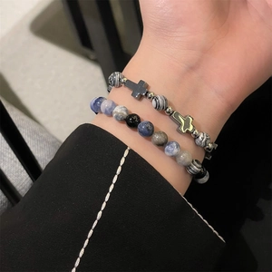 Hip hop beaded bracelet set with cross pendant and natural stone textures on wrist