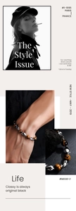 Tiger eye stone beaded bracelet with twisted silver metal elements in editorial style
