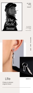 Détail de la boucle d'oreille plume argentée avec maillons sur mannequin et nature morte