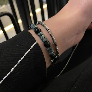 Hip hop style double layer bracelet set with cross charm and green marble beads