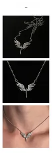 Detailed close-up of angel wings and sword pendant necklace with sparkling white zircons