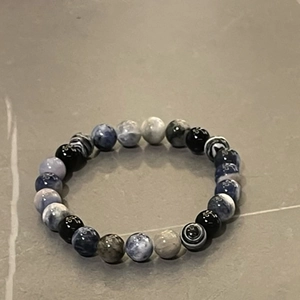 Hip hop style beaded bracelet with natural blue and black stone beads and cross charm