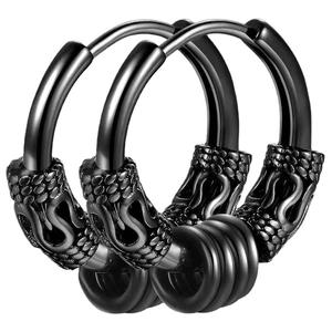 Macro view of black dragon-scale earrings with triple dangling rings and secure clasp