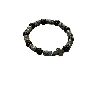 Religious hip-hop beaded bracelet with black polished beads and grey marble cylinder