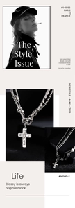 Détail du collier croix argenté avec zircons baguette et perles sur la chaîne