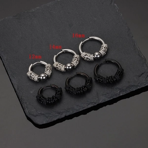 Vintage stainless steel dragon pattern hoop earrings in black and silver finishes