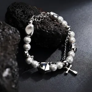Cross Pendant Double Layer Bracelet Stainless Steel Faux Artificial Pearl Beaded Gothic Minimalist Jewelry For Men Women