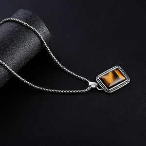 Tigerauge Anhänger Halskette aus Edelstahl mit silberner Box-Kette für Herren und Damen