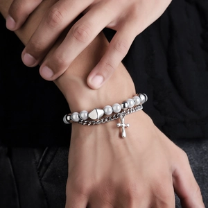 Double-layer stainless steel cross bracelet with white pearls and silver metal chain