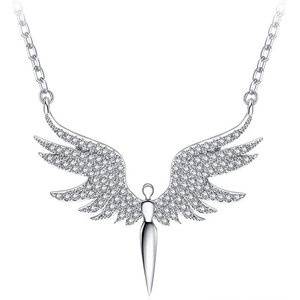 Sparkling angel wings necklace for men and women featuring pave white zircon pendant on silver chain