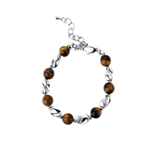 Tiger eye stone bead bracelet with silver twisted metal spacers and lobster clasp