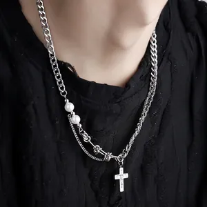 Collier Pendentif Croix Hip Hop Superposé Acier Inoxydable Alliage Avec Künstliche Perle Zircone Bijoux Pour Hommes Femmes