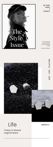 Detail of silver geometric stud earrings with irregular faceted design on black sand texture