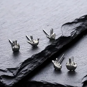 Hip Hop Hand Gesture Stud Earrings Personalized Copper Jewelry With Stainless Steel Post Silver Rhinestone Gesture Earring Gift