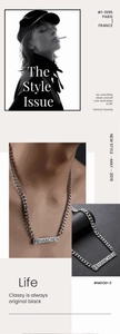 Detail of silver cuban chain necklace with rectangular engraved HANCHEN nameplate
