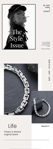 Detail of silver titanium steel chain bracelet with embossed industrial square links