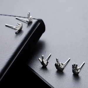 5-piece set of silver hip-hop hand gesture stud earrings in polished stainless steel
