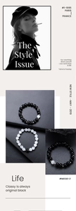Gros plan détaillé de bracelets en perles d'oeil de chat, styles minimalistes noir et blanc