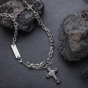 Herren Titanstahl Doppellagige Kreuz Anhänger Halskette Versilbert Strass Hip-Hop Street Style Schmuck Für Männer Jungen Geschenk