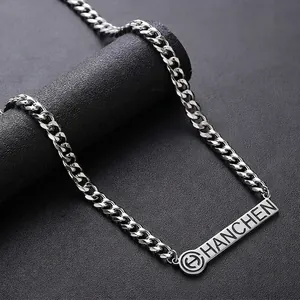 Polished titanium steel necklace with rectangular dog tag pendant on black display stand