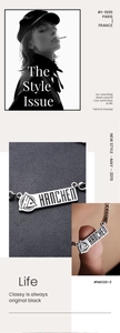 Macro detail of silver titanium steel necklace with engraved rectangular brand pendant
