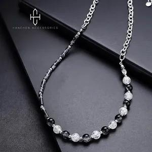 Hip Hop Titanium Steel Beaded Necklace Men Women Minimalist Black White Marble Pattern Splicing Chain Pendant Necklace Jewelry