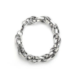 Silver stainless steel chunky chain bracelet with engraved X pattern and lobster clasp