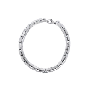 Silver titanium steel bracelet with textured links and lobster clasp on white backdrop
