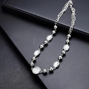 Minimalist Titanium Steel Cat Eye Stone Pendant Necklace For Women Men Elegant Silver Tone Light Luxury Fashion Jewelry
